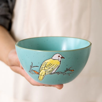Hand-Painted Porcelain Bowls 🐦 – Duck Egg Blue with Yellow Bird, 4-Pack