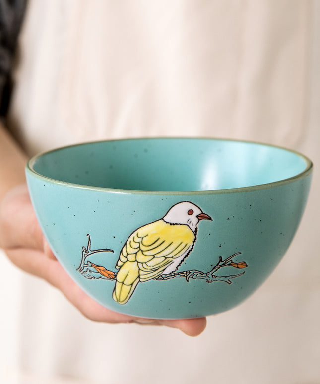 Hand-Painted Porcelain Bowls 🐦 – Duck Egg Blue with Yellow Bird, 4-Pack