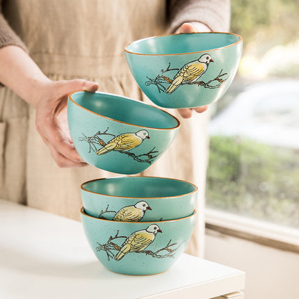 Hand-Painted Porcelain Bowls 🐦 – Duck Egg Blue with Yellow Bird, 4-Pack