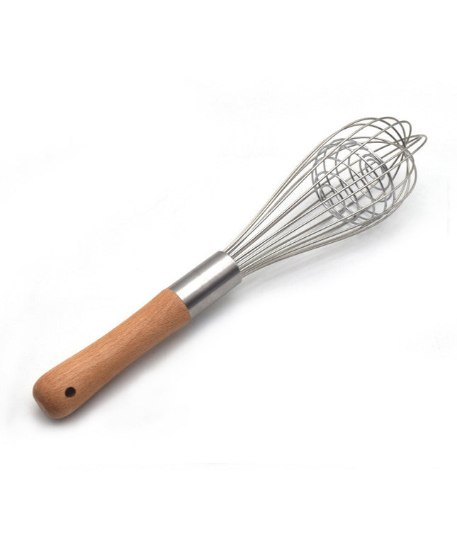 Manual Hand Whisk & Milk Frother – Stainless Steel with Wooden Handle