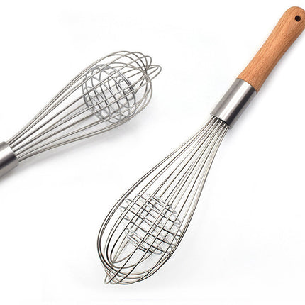 Manual Hand Whisk & Milk Frother – Stainless Steel with Wooden Handle