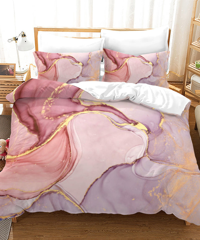 Marbled Duvet Cover Set – Pink & Purple Ink Wash with Gold Veins | Ikeame