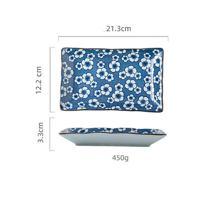 Hekou Sushi Plate – Ceramic, Blue Floral Design, Rectangular | Ikeame