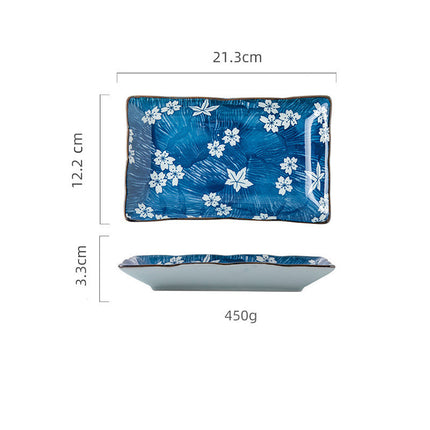 Hekou Sushi Plate – Ceramic, Blue Floral Design, Rectangular | Ikeame