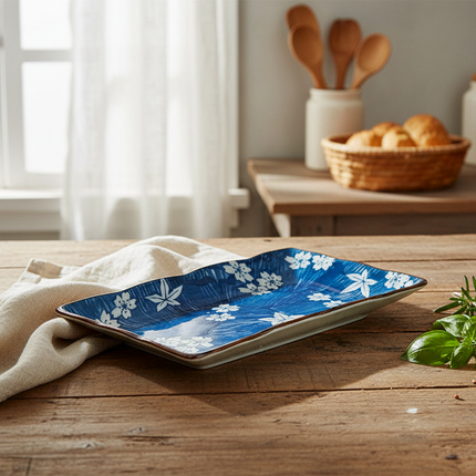 Hekou Sushi Plate – Ceramic, Blue Floral Design, Rectangular | Ikeame