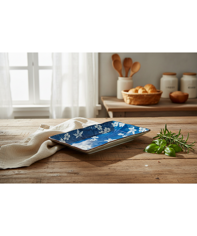 Hekou Sushi Plate – Ceramic, Blue Floral Design, Rectangular | Ikeame
