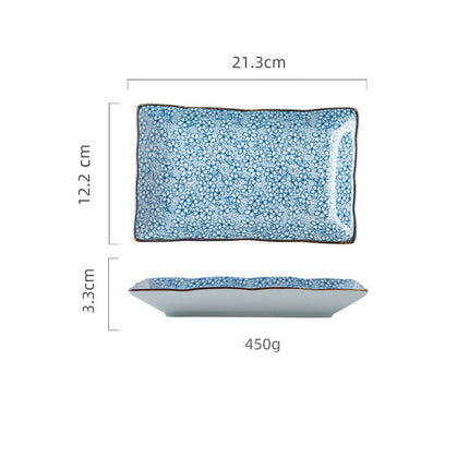 Hekou Sushi Plate – Ceramic, Blue Floral Design, Rectangular | Ikeame