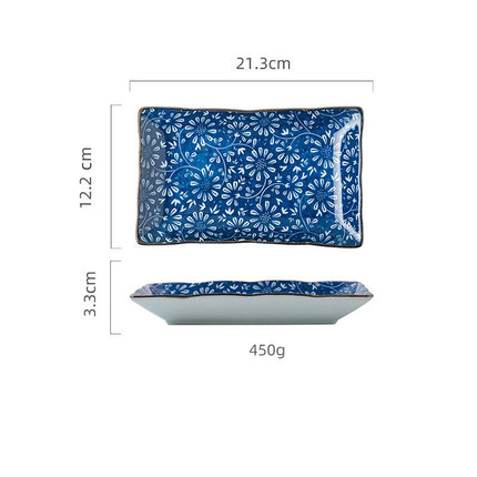 Hekou Sushi Plate – Ceramic, Blue Floral Design, Rectangular | Ikeame