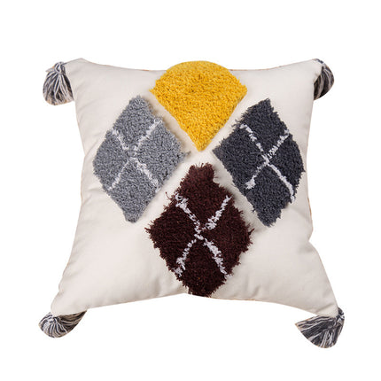 Tufted Geometric Embroidered Cushion – Grey, Black & Yellow | 45x45cm