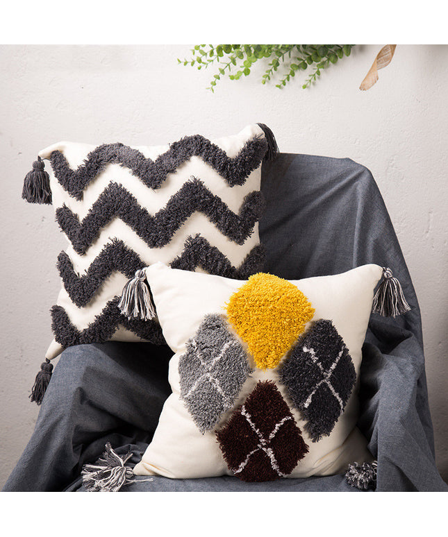 Tufted Geometric Embroidered Cushion – Grey, Black & Yellow | 45x45cm