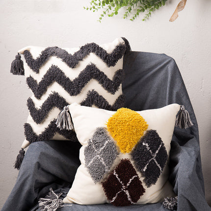 Tufted Geometric Embroidered Cushion – Grey, Black & Yellow | 45x45cm