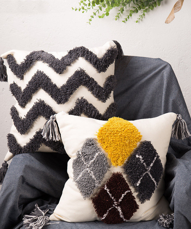 Tufted Geometric Embroidered Cushion – Grey, Black & Yellow | 45x45cm