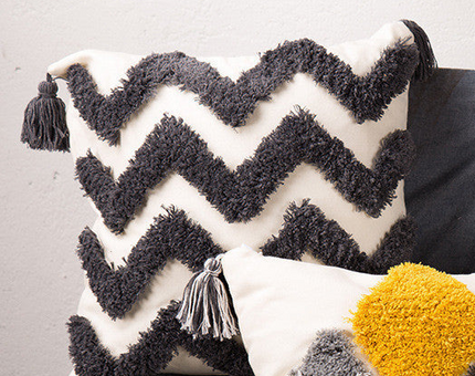 Tufted Geometric Embroidered Cushion – Grey, Black & Yellow | 45x45cm