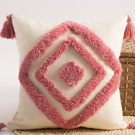 Tufted Embroidered Diamond Cushion with Tassels – Rose Red on Beige ✨🧵