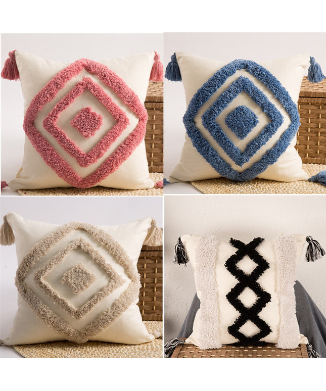 Tufted Embroidered Diamond Cushion with Tassels – Rose Red on Beige ✨🧵