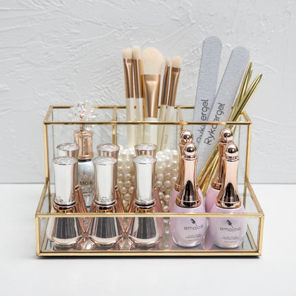 Luxury Glass Makeup & Cosmetic Organiser with Gold Frame