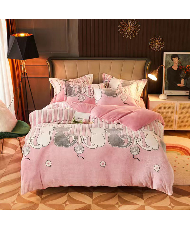 Thicken Carved Velvet Warm Four-piece Crystal Velvet Bed Sheet Flannel Blanket Snow Fleece