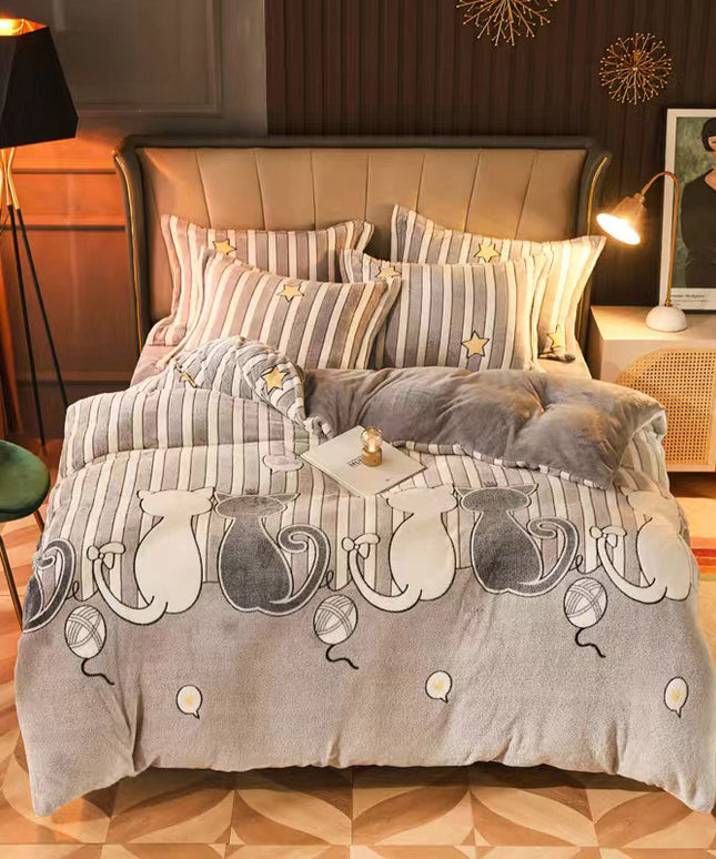 Thicken Carved Velvet Warm Four-piece Crystal Velvet Bed Sheet Flannel Blanket Snow Fleece