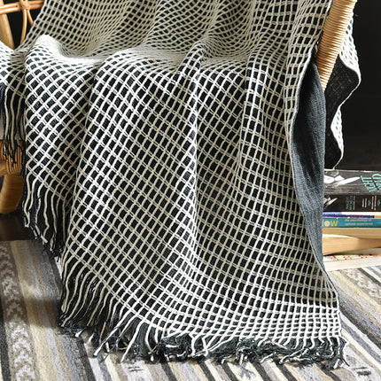 Monochrome Waffle Knit Blanket with Tassels