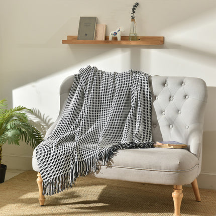 Monochrome Waffle Knit Blanket with Tassels