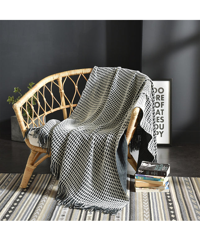 Monochrome Waffle Knit Blanket with Tassels