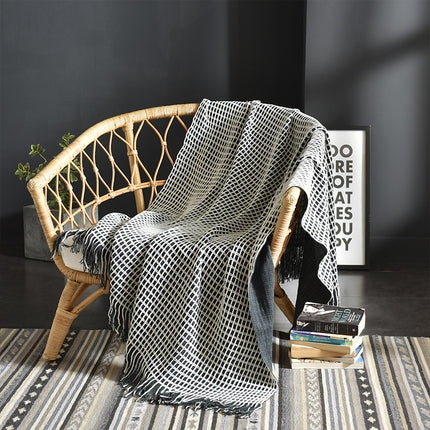 Monochrome Waffle Knit Blanket with Tassels