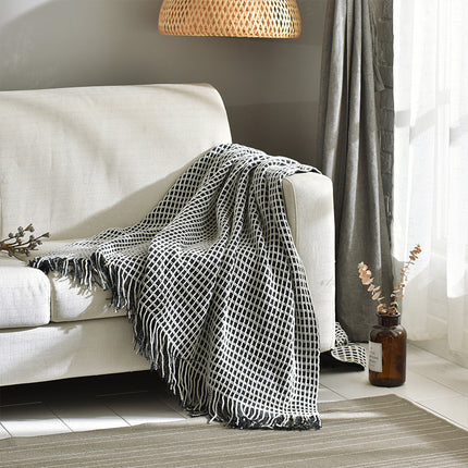 Monochrome Waffle Knit Blanket with Tassels