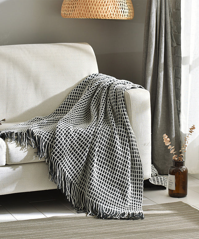 Monochrome Waffle Knit Blanket with Tassels