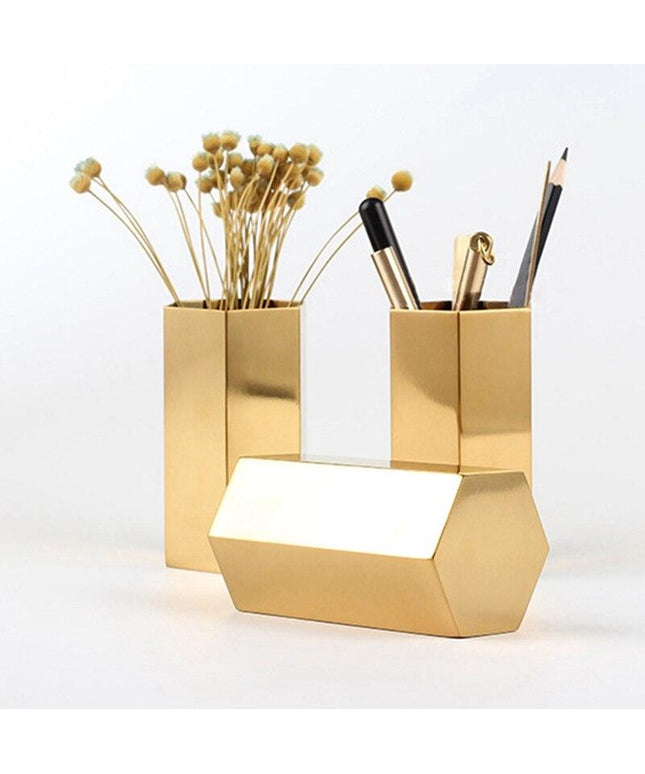 Gold Stainless Steel Hexagon Vase or Pen Holder – Minimalist Organiser