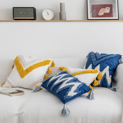 Colourful Moroccan-Style Geometric Tufted Embroidered Cushion – Blue or Yellow  🌟🧵