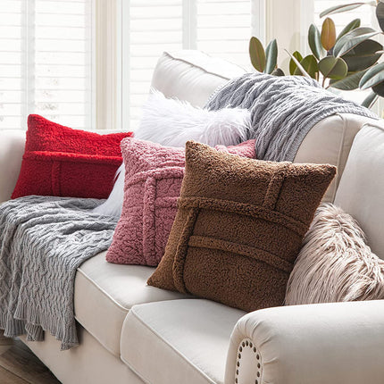 Lamb Wool Fleece Double-Sided Cushion Cover – Red, Brown & Cream | 50x50, 60x60, 65x65cm
