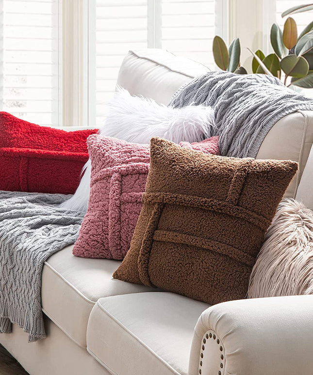 Lamb Wool Fleece Double-Sided Cushion Cover – Red, Brown & Cream | 50x50, 60x60, 65x65cm