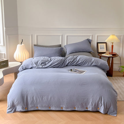 Washed Cotton Bedding Set | Button Duvet Cover 4 Piece