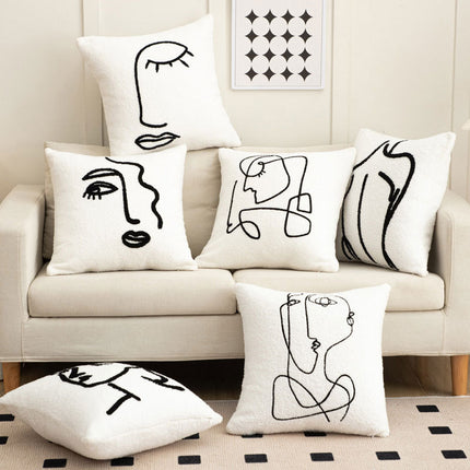 Abstract Face Cushion Cover | Embroidered Plush Sofa Cushion