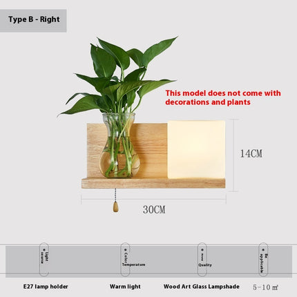 Simple Wooden Wall Lamp with Shelf or Hydroponic Glass Vase