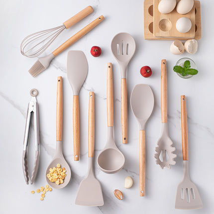 12 Piece Silicone Kitchen Utensil Set | Wooden Handle Kitchenware