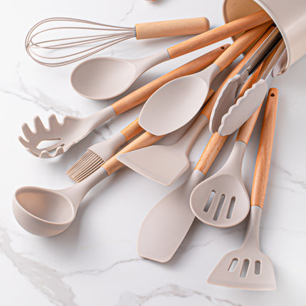 12 Piece Silicone Kitchen Utensil Set | Wooden Handle Kitchenware