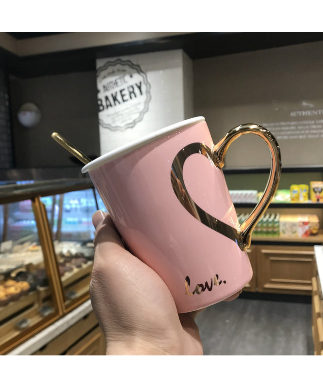 Love Heart Coffee Mug 💖 – Ceramic with Lid & Spoon, 4 Colours