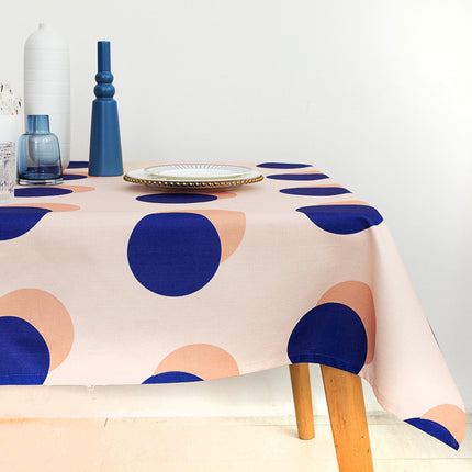 Waterproof Cotton Linen Tablecloth – Beige with Blue & Pink Circles, 4 Sizes