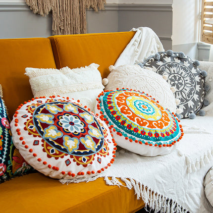 Moroccan Style Hand-Embroidered Round Pillow Cover