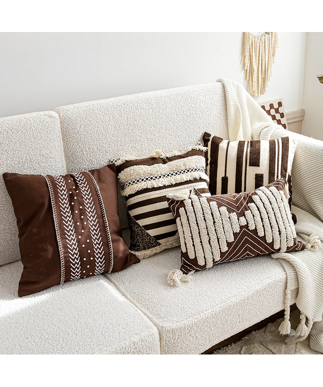 Moroccan Boho Cushion Cover | Embroidered Brown Beige
