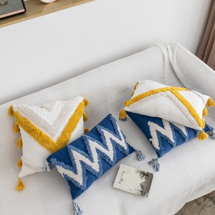 Colourful Moroccan-Style Geometric Tufted Embroidered Cushion – Blue or Yellow  🌟🧵