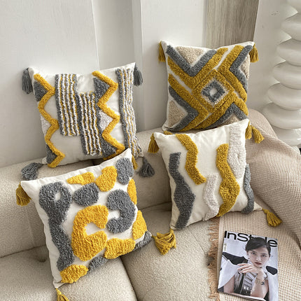Nordic-Inspired Bohemian Tufted Cushion – Grey and Yellow Geometric Design