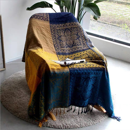 Mediterranean Style Chenille Sofa Blanket | Rich Blue & Red Tones