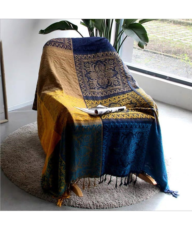 Mediterranean Style Chenille Sofa Blanket | Rich Blue & Red Tones