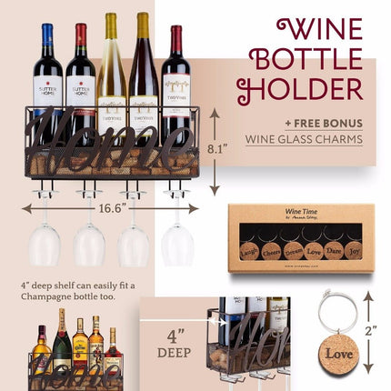 Wall-Mounted Metal Wine Rack – Black | Bottle, Glass & Cork Holder