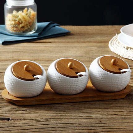 White Ceramic Seasoning Jar with Bamboo Lid & Spoon – Individual or Set of 3
