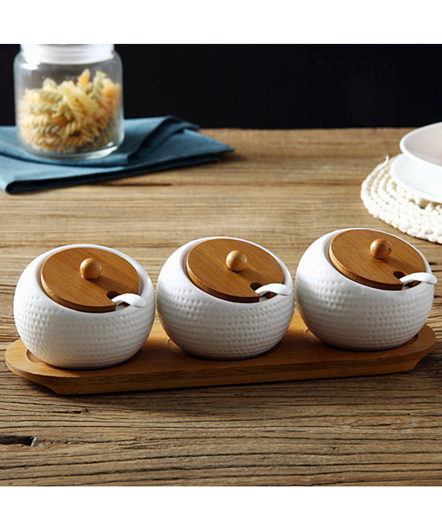 White Ceramic Seasoning Jar with Bamboo Lid & Spoon – Individual or Set of 3