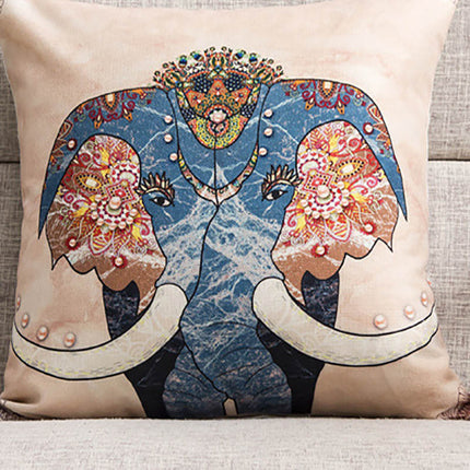 Elephant Boho Cushion Cover Blue Beige | Linen Style Pillowcase