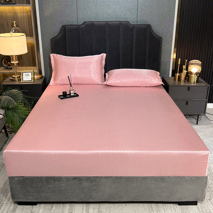Houndstooth Ice Silk 3-Piece Bed Linen Set – Blue, Pink, or Purple | 2 Sizes